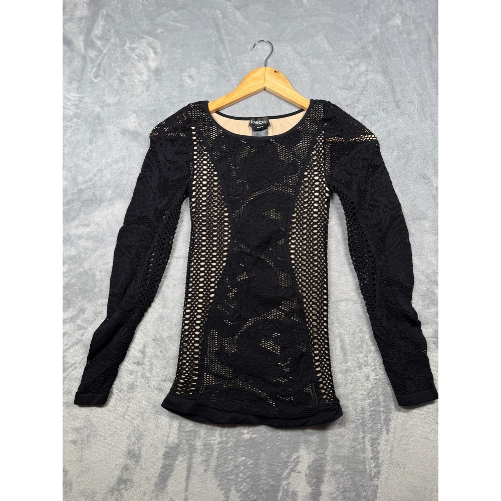 Bebe Lace Bodycon Mini Dress Womens Small Black Lined Open Knit Super Stretchy